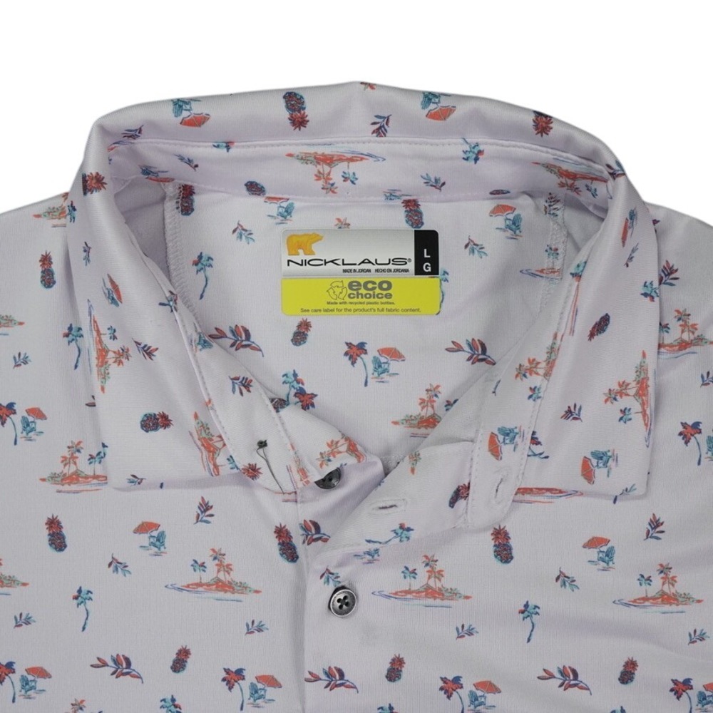 Nicklaus Polo Shirt Mens Large White Beach Tropical Island AOP Print‎ Eco Choice